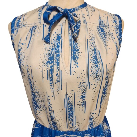 Vintage 70s Women's Size 12 Blue White Sleeveless Polyester Dress Bow Tie Neck - Picture 2 of 8
